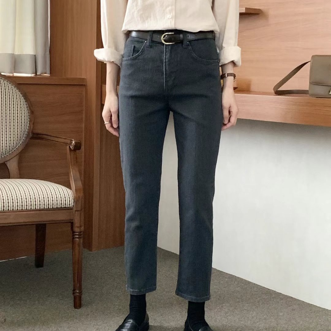 韩国东大门冬加绒PI2正品松紧高腰直筒裤弹力牛仔九分烟管裤女890