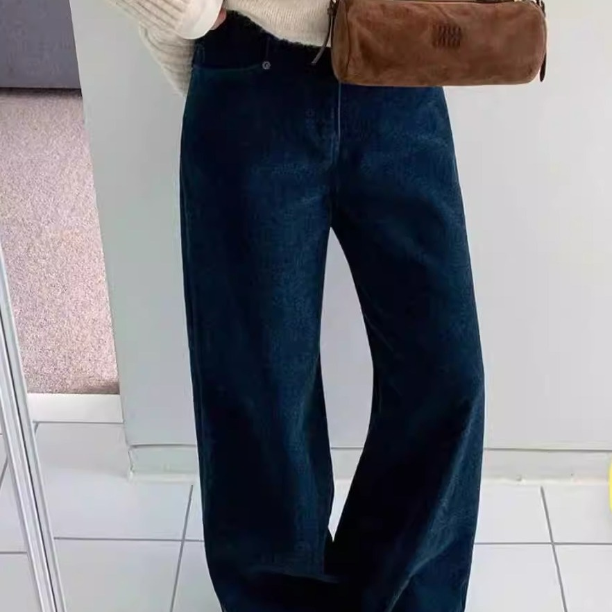 韩国正品2025冬加绒PI2松紧高腰宽松显瘦阔腿裤舒适长款牛仔裤641