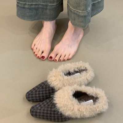 小众设计豹纹加绒包头棉拖鞋