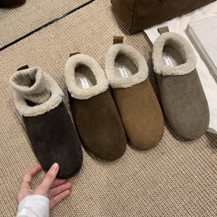 牛皮版 森女复古磨砂真皮东北小土豆加绒保暖圆头一脚蹬勃肯棉鞋