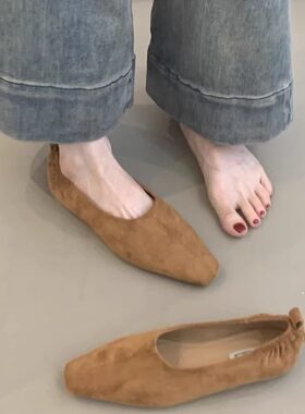 法式气质优雅绒面方头软底奶奶鞋