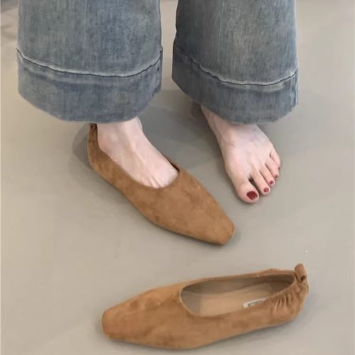 法式气质优雅绒面方头软底奶奶鞋