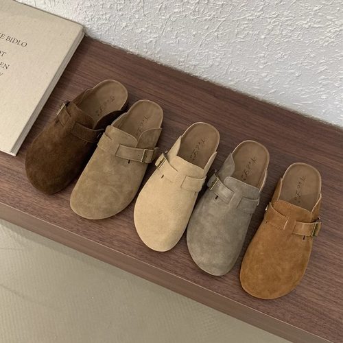 复古磨砂真皮一脚蹬包头博肯半拖