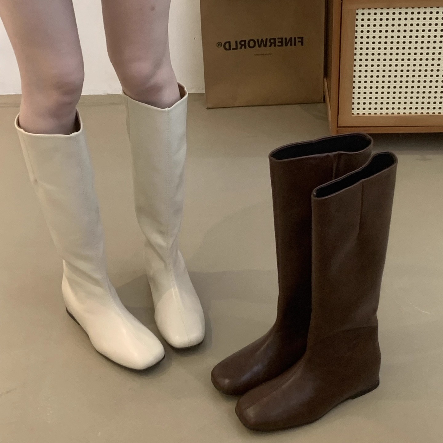 复古棕色长筒骑士靴内增高高筒靴