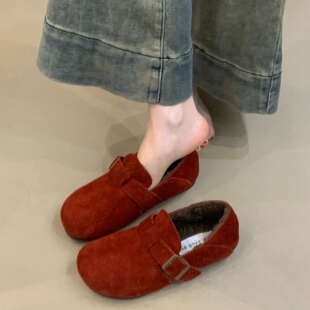 牛皮版！2025年冬季款森女文艺风复古磨砂真皮一脚蹬加绒勃肯棉鞋