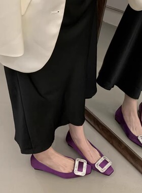 40码女鞋2025早春新品韩国东大门绸缎水钻扣方头浅口低跟单鞋