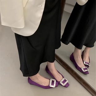 韩国东大门绸缎水钻扣方头浅口低跟单鞋 2025早春新品 女鞋 40码