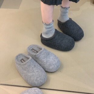 厚底5CM小个子增高复古毛呢包头勃肯鞋加绒保暖一脚蹬懒人毛毛鞋