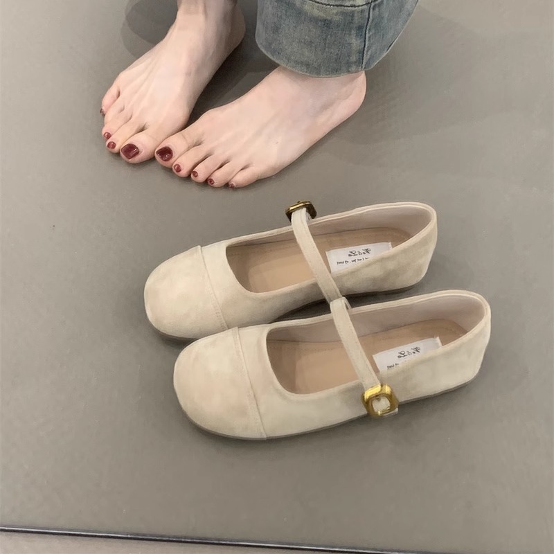 温柔仙女风绒面一字扣玛丽珍鞋