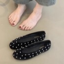 韩版复古芭蕾单鞋女2024新款小众西施绒珍珠圆头浅口软底奶奶瓢鞋
