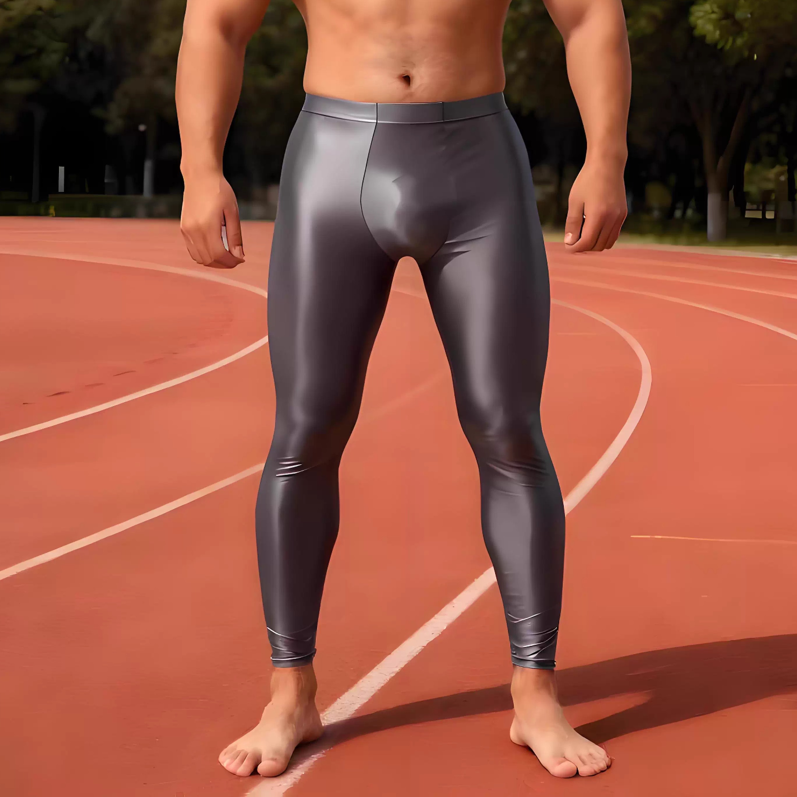 油亮性感紧身裤男五分健身运动短裤光泽丝滑跑步训练速干压缩长裤