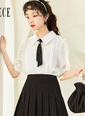 Oece气质白色衬衫夏装新款女装文艺学院春夏季短袖设计感上衣
