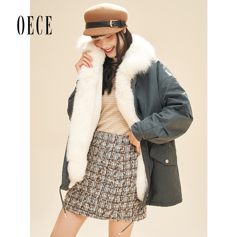Oec皮草大衣秋冬新款加厚派克服大毛领中长款气质外套