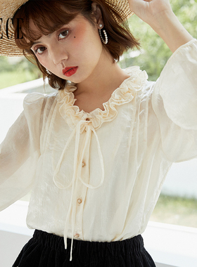 Oece气质白色衬衣秋装新款女法式花边领女长袖衬衫