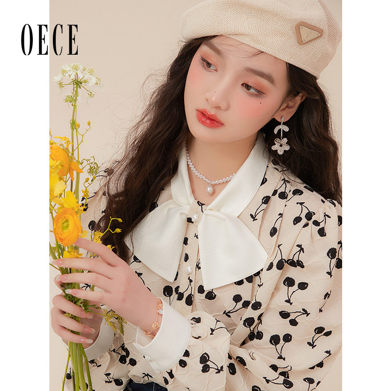 Oece春秋季新款上衣女复古小众设计感衬衣气质碎花衬衫