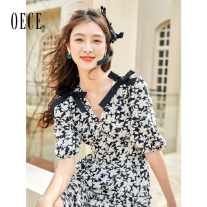 Oece复古碎花裙春夏新款女法式裙子春小众甜美连衣裙