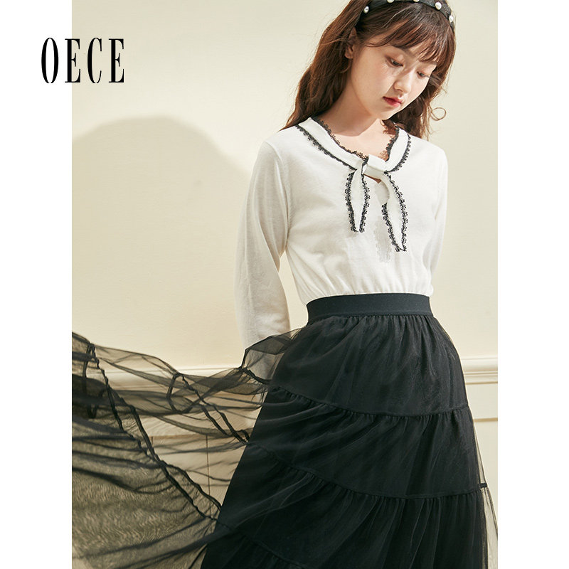 Oece秋装新款女装 学院撞色领结法式长袖针织衫春秋修身上衣