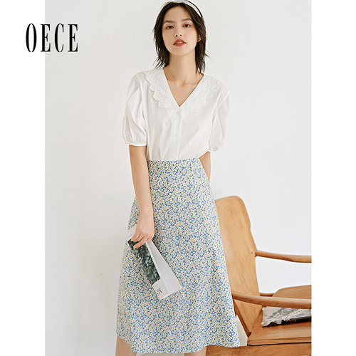 Oece夏装新款女装 元气清新碎花文艺甜美显白高腰修身半身裙