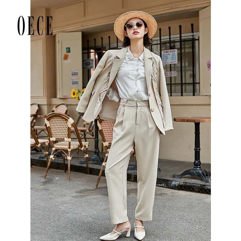 Oece高腰西装裤春秋新款女装复古英伦风帅气裤子长裤