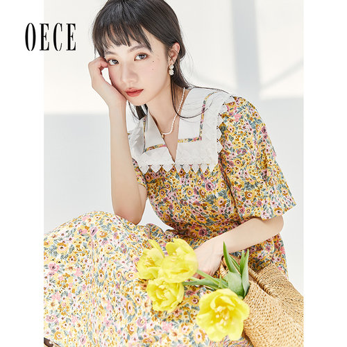 Oece夏装新款女装显白复古小碎花裙子中长蕾丝花边短袖连衣裙