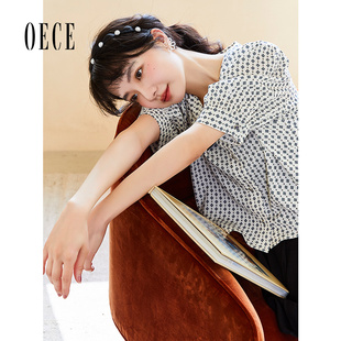 夏装 文艺碎花减龄短袖 新款 早春衬衫 上衣 女装 Oece蝴蝶结雪纺衫