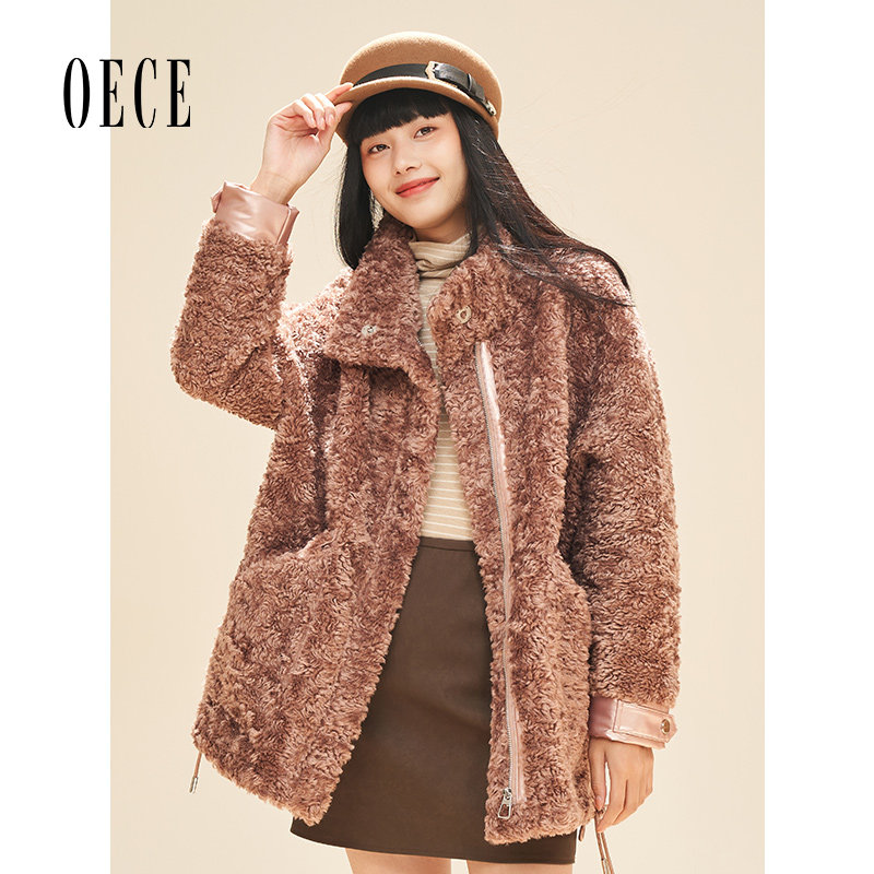 Oece羊羔毛大衣秋冬季新款复古加厚羊剪绒毛毛外套女中长款