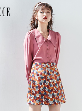 Oece秋装新款女装 法式优雅复古高腰A字织花半身裙圆点短裙