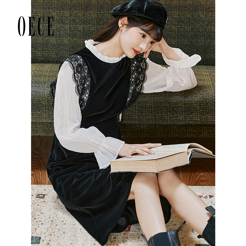 Oece复古假两件连衣裙秋冬季新款女装气质修身裙子韩系淑女裙