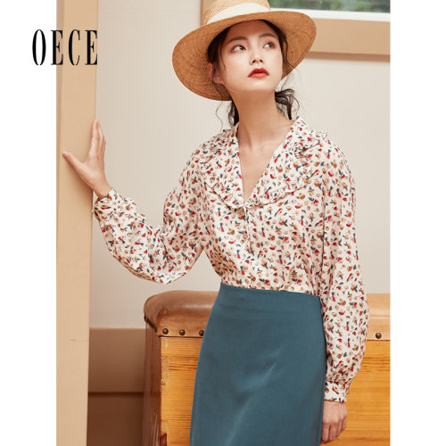 Oece春装女装 温柔甜系小碎花复古花边气质长袖衬衫上衣