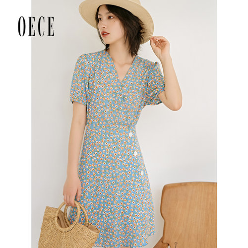 Oece夏装新款女装 清爽文艺小碎花复古V领收腰短袖气质连衣裙