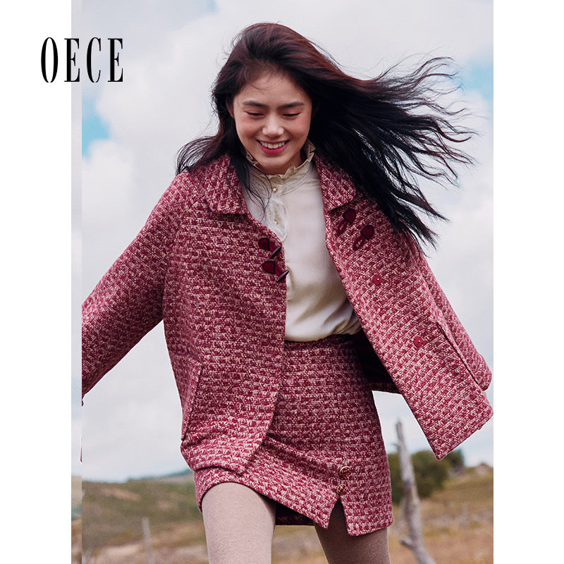 Oece冬装新款女装 复古设计感修身高腰A字毛呢短裙秋冬半身裙