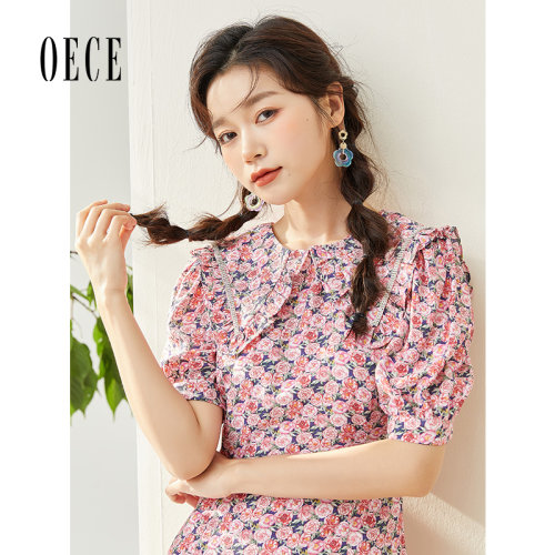 Oece甜美碎花裙夏季新款女装复古花边娃娃领短袖气质连衣裙