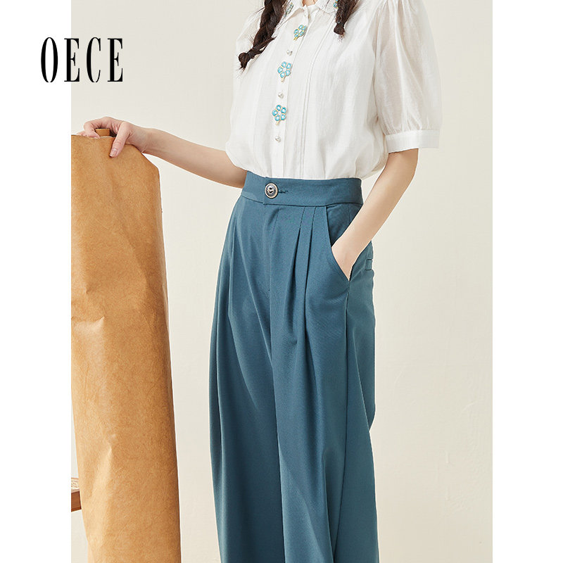 Oece复古休闲裤夏装新款女装文艺裤子早秋显瘦气质百搭高腰裤