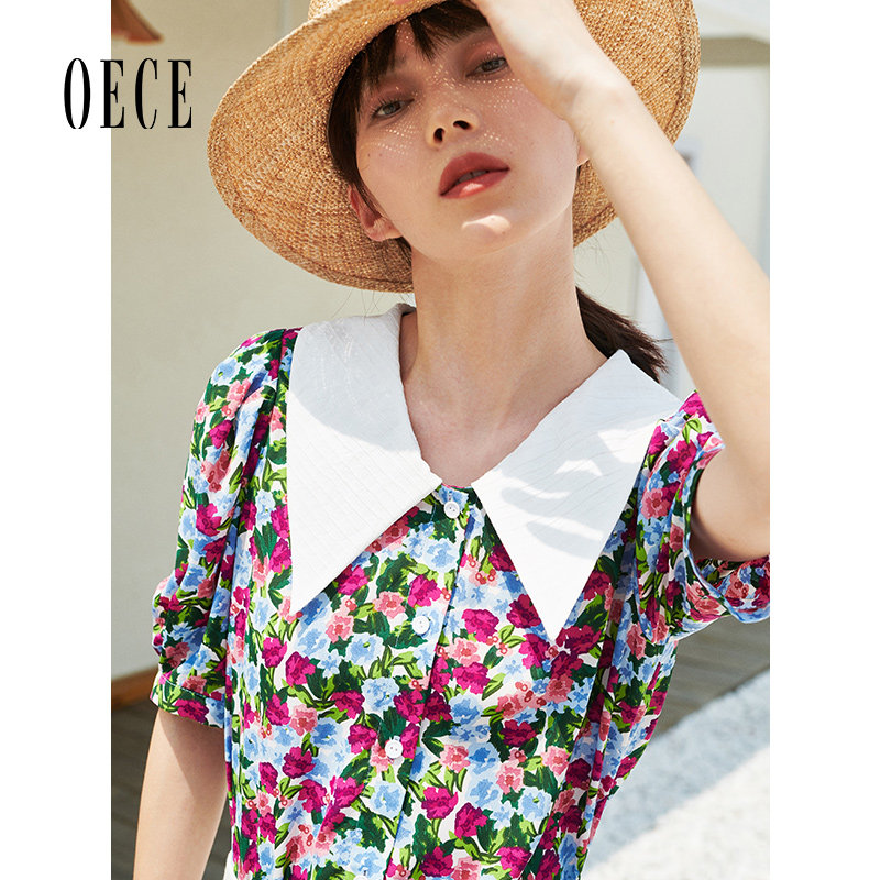 Oece夏装新款女装 复古优雅印花泡泡袖衬衫设计感小众上衣