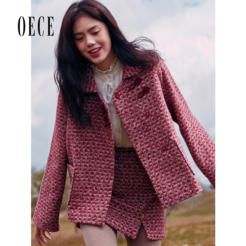 Oece冬装新款女装复古文艺减龄短款羊毛呢子大衣秋冬毛呢外套