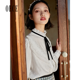 立领系带长袖 法式 衬衣女上衣 春秋新款 Oece蕾丝花边衬衫