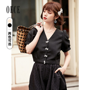 设计感短袖 Oece复古V领上衣夏装 通勤气质衬衫 女装 衬衣 新款