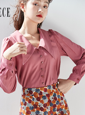 秋装新款女装 半糖蜜桃温柔法式复古翻领长袖衬衫气质上衣