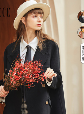 Oece冬装新款女装 复古法式中长款毛呢外套双面羊毛呢子大衣