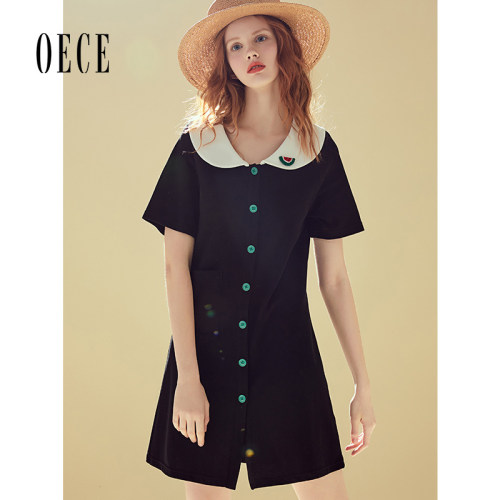 Oece夏装新款女装 玩趣可爱气减龄刺绣撞色娃娃领短袖连衣裙