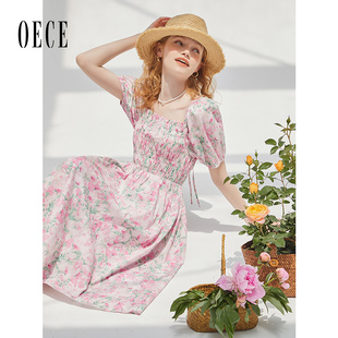 Oece复古碎花连衣裙女夏季新款女装气质淑女显瘦中长款裙子