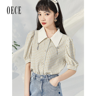 女装 新款 气质短袖 法式 春夏上衣 Oece设计感碎花衬衫 衬衫 夏季