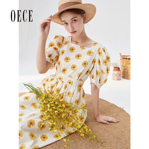 Oece夏装新款女装法式浪漫碎花复古高腰短袖连衣裙气质裙子