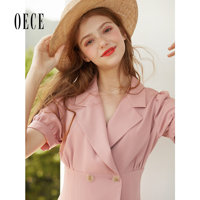 oece夏装新款女装蜜桃百利甜复古翻领双排扣西装式短袖连衣裙