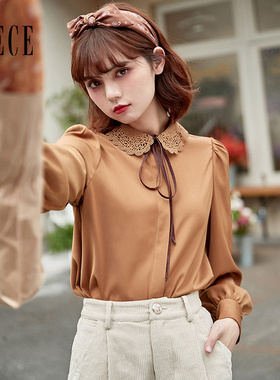 Oece复古气质衬衫春装新款女装法式蕾丝系带长袖设计感上衣