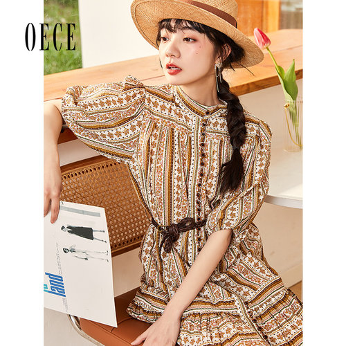 Oece复古几何印花裙子春夏装新款女装南法高腰修身短袖连衣裙