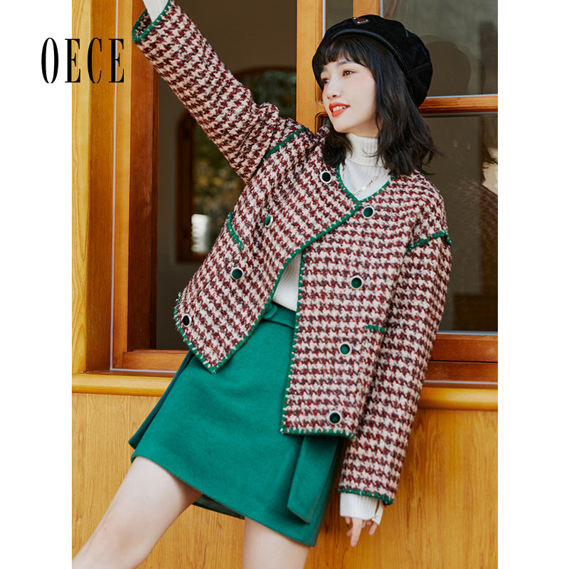 Oece复古小个子呢大衣冬装新款女装撞色千鸟格短款呢子外套