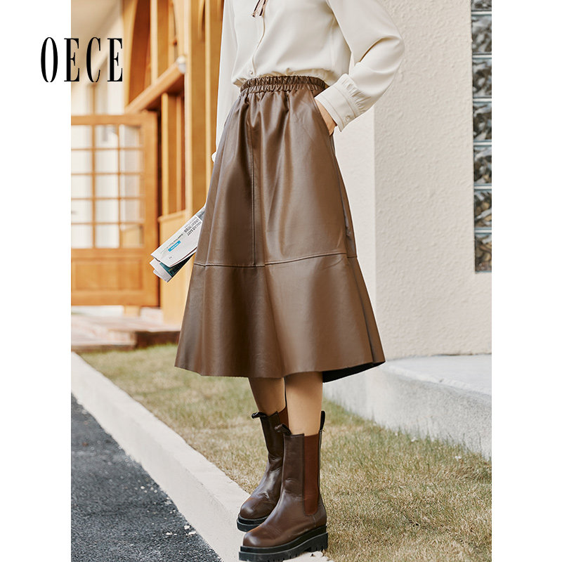 Oece复古半身裙秋冬季新款女装优雅皮裙通勤裙子气质中长裙