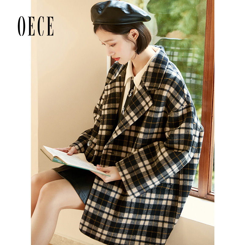 oece复古格纹秋冬季新款呢子大衣