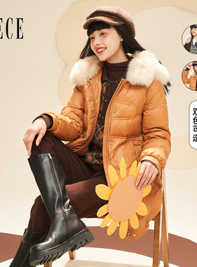 Oece冬新款女 复古大毛领加厚中长款羽绒服外套